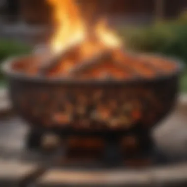 A close-up view of flames dancing in a well-designed fire pit, showcasing its intricate design.