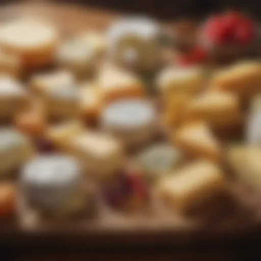 A diverse selection of cheeses on a wooden board highlighting different textures and colors.