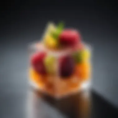 Dessert featuring isomalt ice cubes, showcasing creativity and texture.