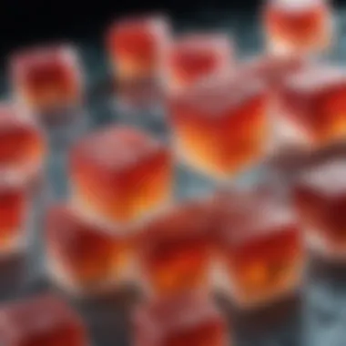 Close-up view of isomalt ice cubes with vibrant flavors infused.