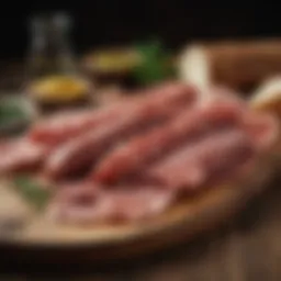 An assortment of Italian cured meats elegantly displayed on a rustic wooden board
