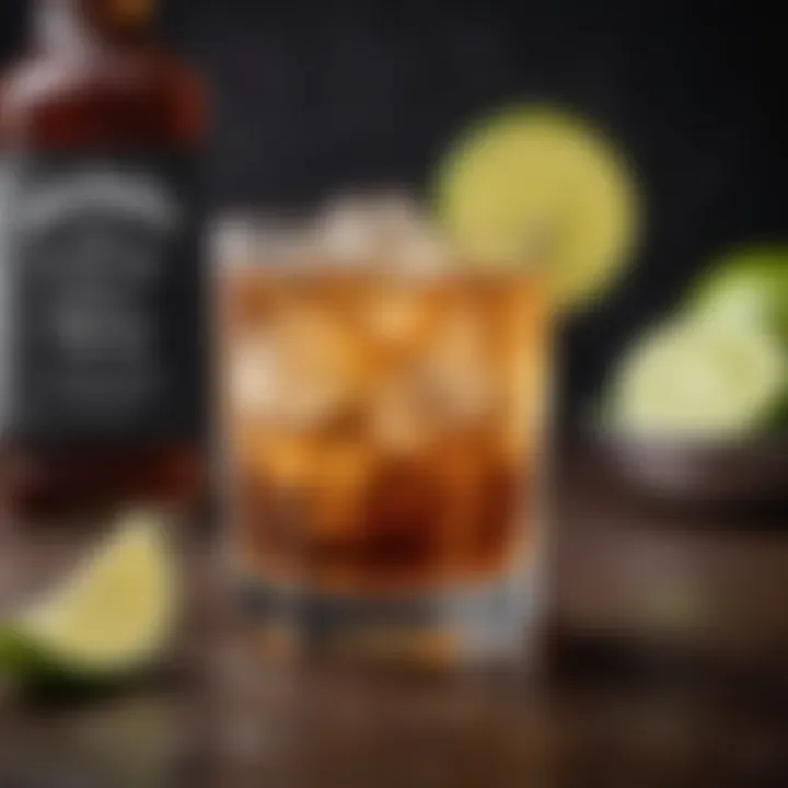 A glass of Jack Daniels and ginger ale garnished with a lime slice