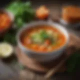 A vibrant bowl of kidney-friendly vegetable soup adorned with fresh herbs.