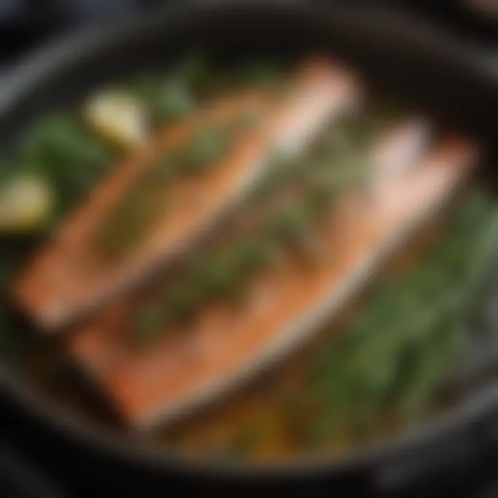 Close-up of tender fish fillets steaming over aromatic herbs