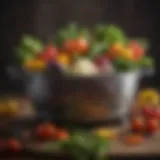 Large pot with an elegant steamer basket filled with vibrant vegetables