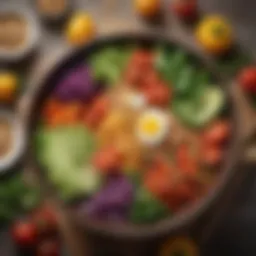 A colorful and vibrant salad bowl filled with fresh vegetables and grains