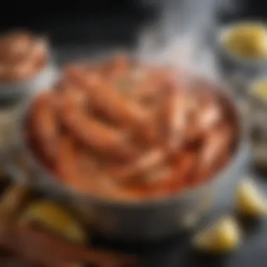 A close-up of a steaming pot filled with boiling crab legs and ingredients