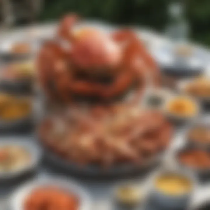 A beautifully set outdoor table displaying a crab leg feast