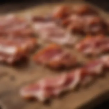 An assortment of different bacon types displayed on a rustic wooden table