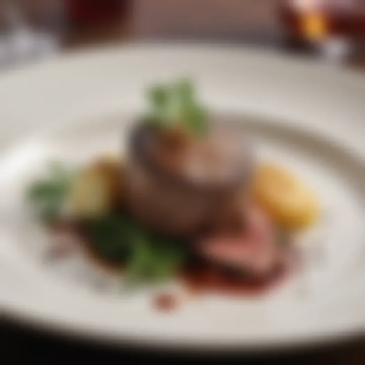 Plated filet mignon with garnishes and sides