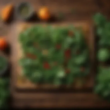 Aesthetic Display of Fresh Greens A vibrant assortment of fresh greens arranged artfully on a wooden table, showcasing their colors and textures.