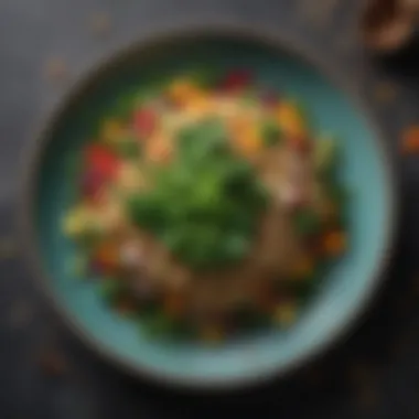 A beautifully plated dish featuring greens, grains, and colorful vegetables, highlighting a balanced meal.