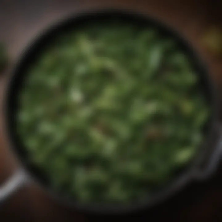 A close-up of sautéed greens glistening in a pan, accentuated by aromatic herbs and spices.