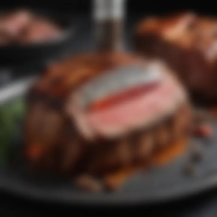 A thermometer monitoring the internal temperature of the ribeye roast