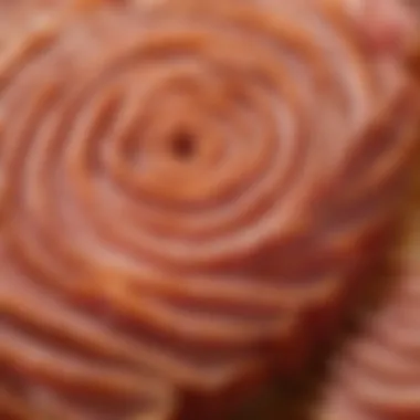 Intricate detailing of spiral cuts Close-up of spiral cuts in honey baked ham