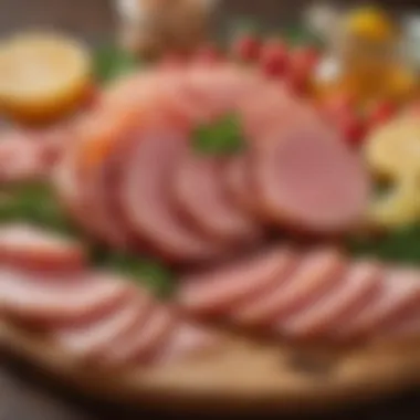 Artfully garnished ham slices Garnished ham slices with herbs and fruits