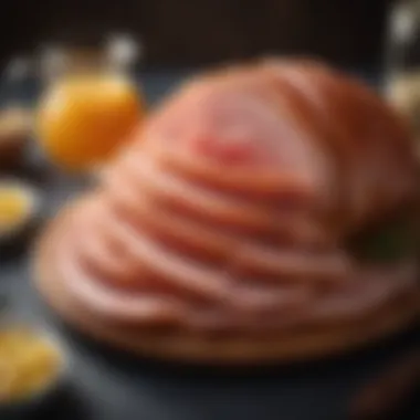 Exquisite presentation of spiral ham Beautifully sliced honey baked spiral ham on a platter