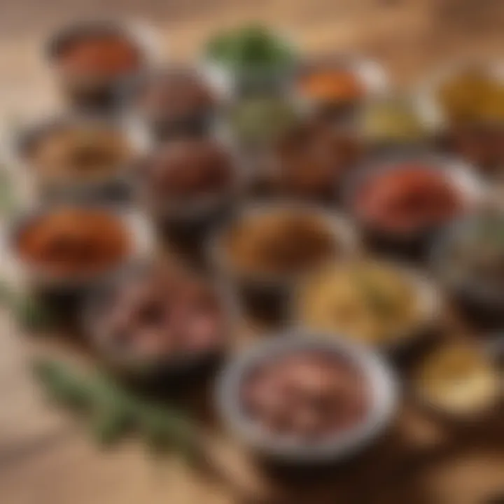 An assortment of marinades and rubs laid out on a wooden table.