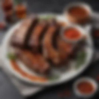 A beautifully arranged platter of grilled ribs with a side of dipping sauce.