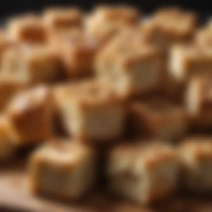 A close-up of seasoned bread cubes ready for stuffing