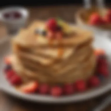 Deliciously Garnished Matzo Meal Pancakes A stack of golden-brown matzo meal pancakes garnished with syrup and fresh fruit.