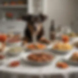 A beautifully arranged table featuring a gourmet meal for a dog and a matching dish for its owner.