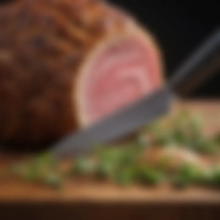 Close-up of a precision carving knife cutting through a succulent roast.