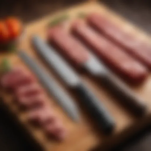 A beautiful array of high-quality meat carving knives displayed on a wooden block.