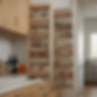 An organized kitchen featuring a narrow over the door spice rack