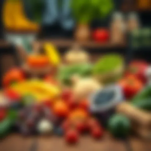 Fresh fruits and vegetables arranged beautifully on a wooden table