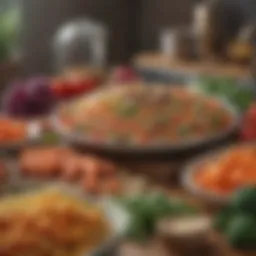 A vibrant arrangement of fresh vegetables and grains for dog food preparation.