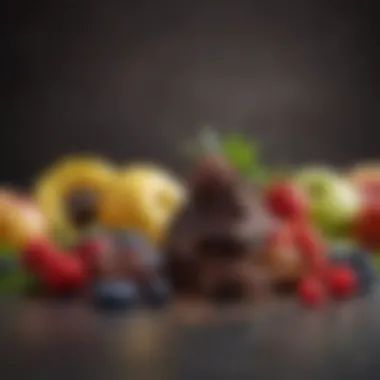 Mood-Enhancing Treats A close-up of dark chocolate and fresh fruits, showcasing their mood-enhancing properties.