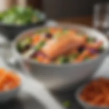 Omega-Rich Options for Stress Relief An elegant bowl filled with omega-rich salmon and colorful vegetables.