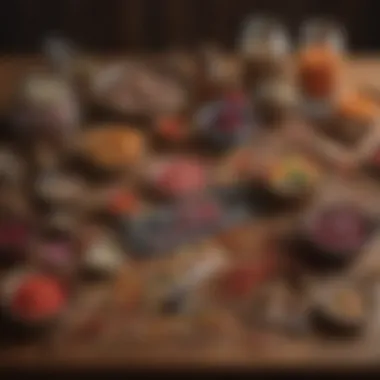 Traditional candy-making tools and ingredients laid out on a wooden countertop