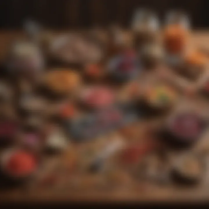 Traditional candy-making tools and ingredients laid out on a wooden countertop