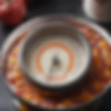 Close-up of a candy thermometer in use during candy preparation