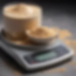 Whey protein isolate powder on a scale for precise measurement