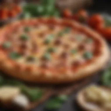 A close-up of a selection of fresh pizza ingredients like cheese, vegetables, and meats.