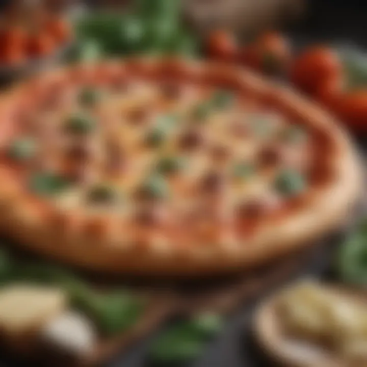 A close-up of a selection of fresh pizza ingredients like cheese, vegetables, and meats.