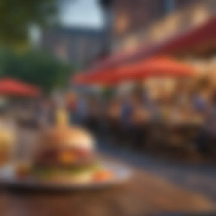 A vibrant outdoor dining scene showcasing diners enjoying wild burgers