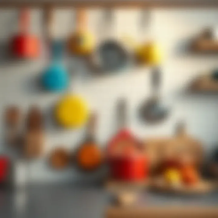 Pegboard wall featuring colorful pots and pans