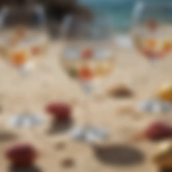 A close-up view of personalized beach themed wine glass charms showcasing intricate designs.