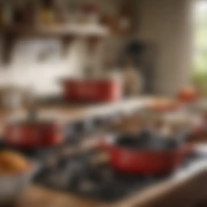 Pioneer Woman cookware arranged in a visually appealing kitchen setting.