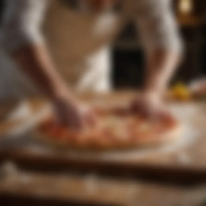 Expert baker skillfully shaping and stretching pizza dough on a wooden surface.