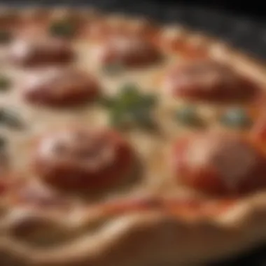 A close-up view of freshly baked pizza dough showcasing its texture and color.