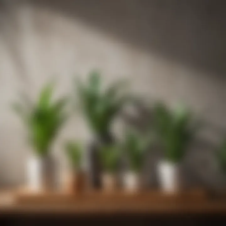 An array of air-purifying plants like snake plant and spider plant on a wooden shelf