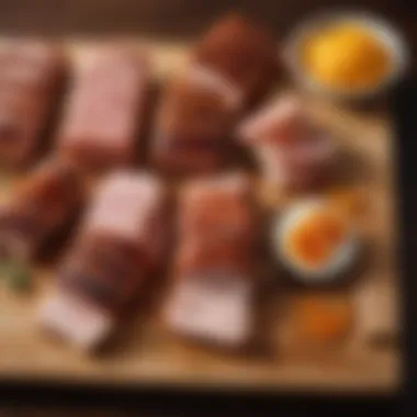 An assortment of pork belly cuts displayed on a wooden board