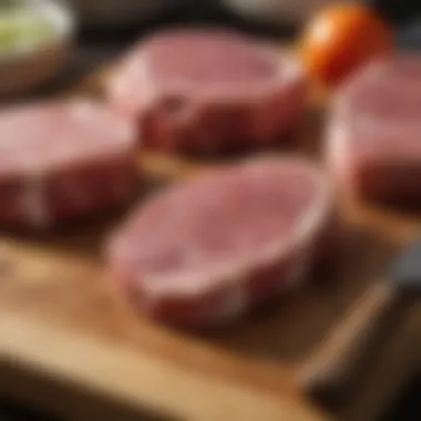 Selection of fresh pork chops on a butcher block