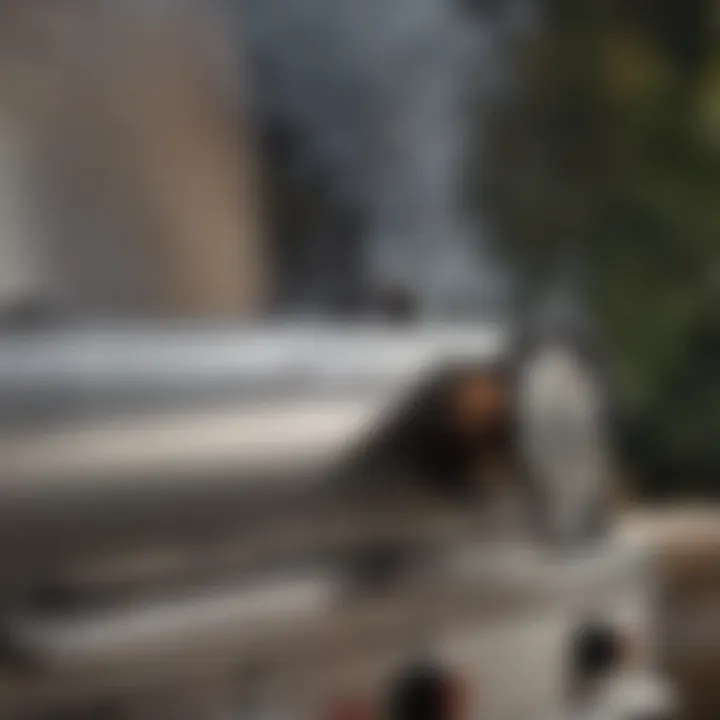 Close-up of a propane gas smoker with smoke wafting from the grill