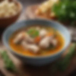A bowl of vibrant chicken broth garnished with fresh herbs